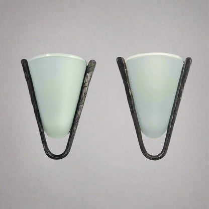 Postmodern Frosted Glass and Hammered Iron Wall Sconces