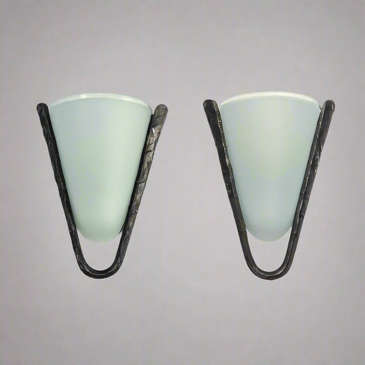 Postmodern Frosted Glass and Hammered Iron Wall Sconces