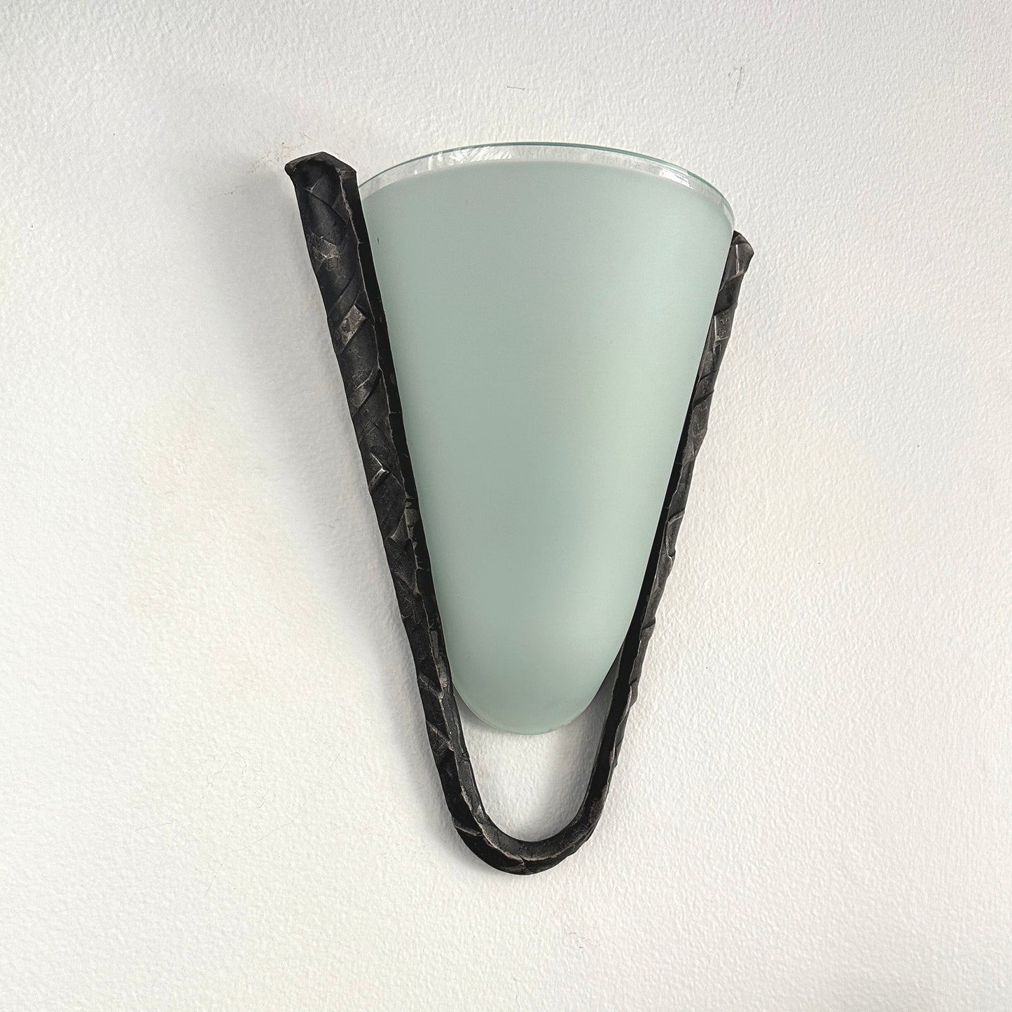 Postmodern Frosted Glass and Hammered Iron Wall Sconces