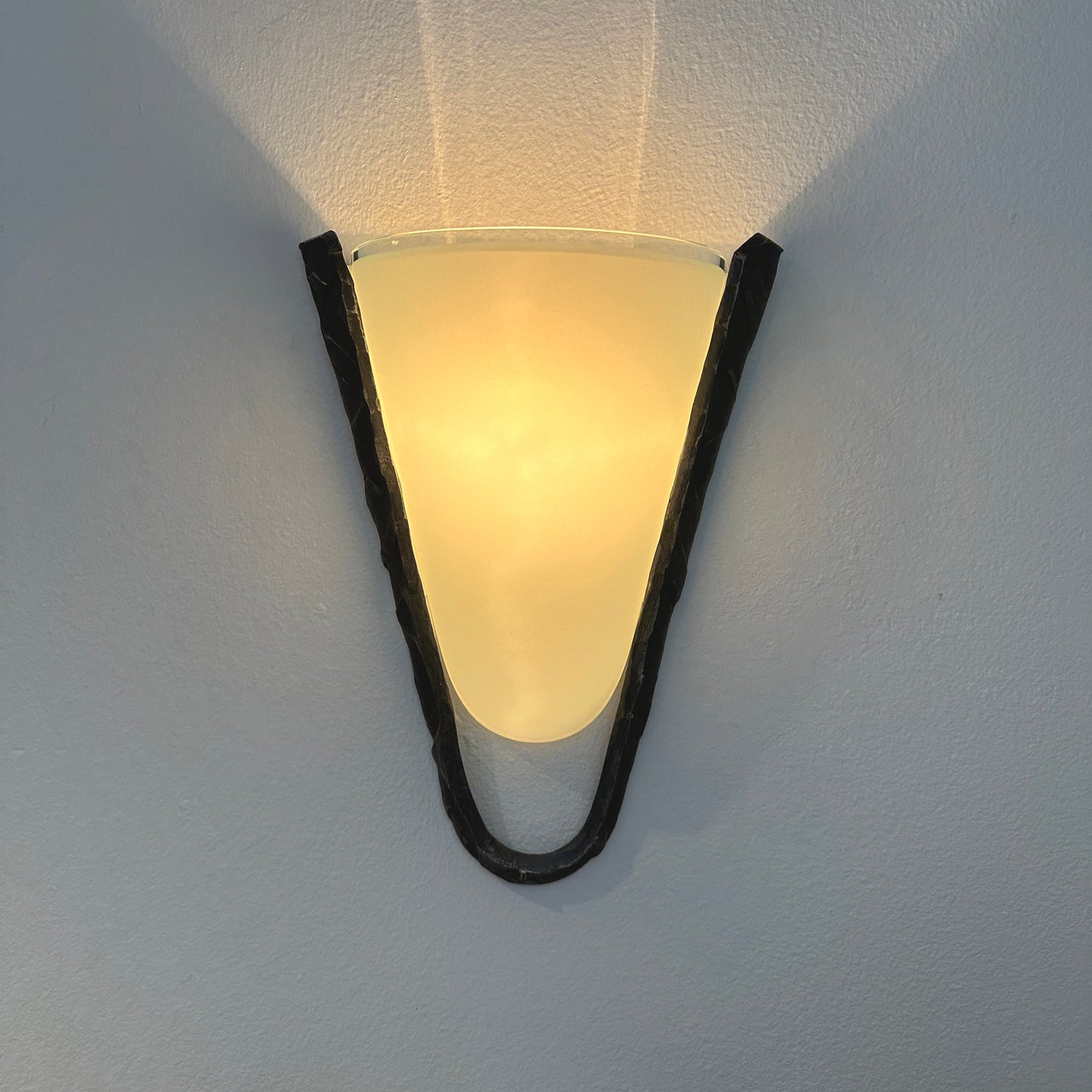 Postmodern Frosted Glass and Hammered Iron Wall Sconces