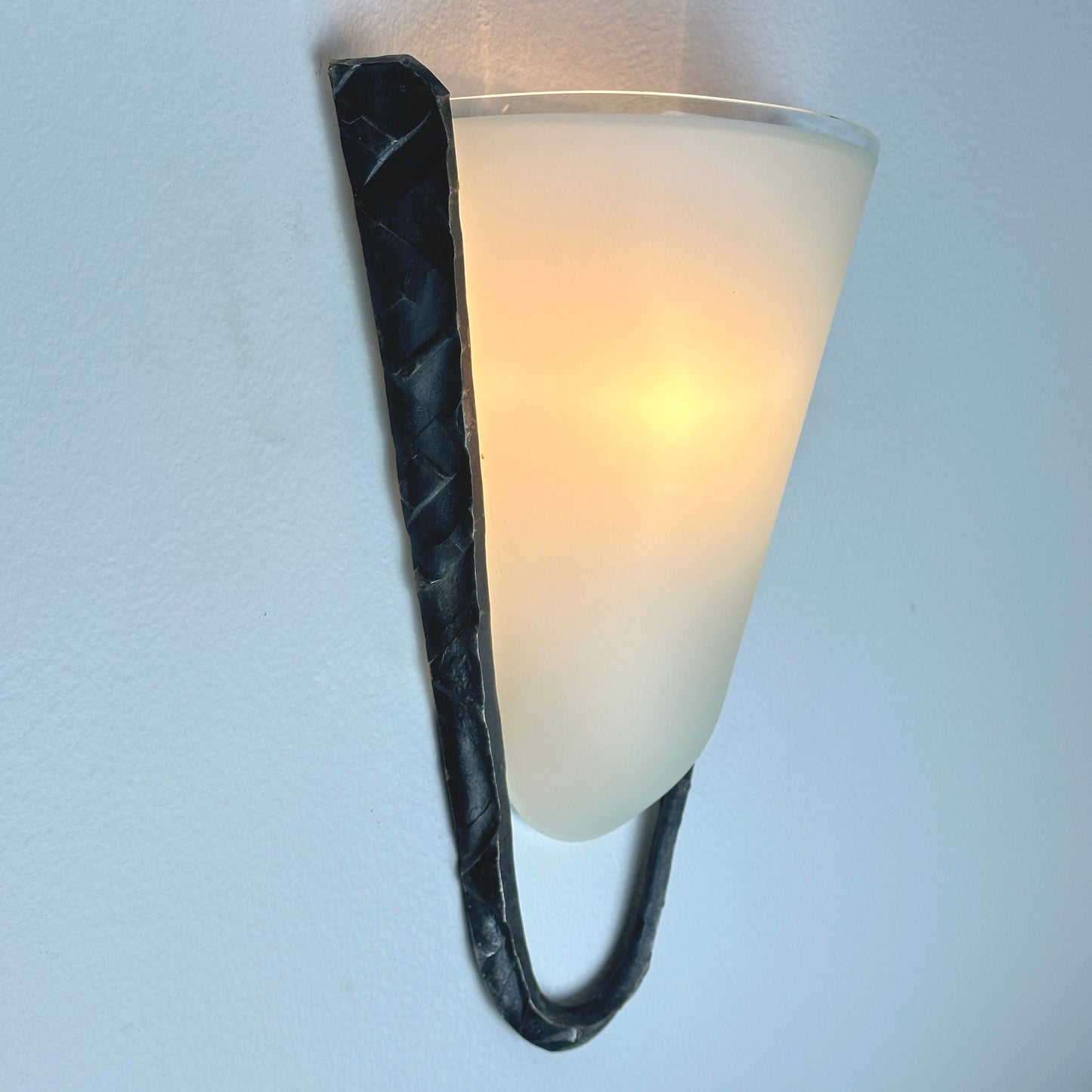 Postmodern Frosted Glass and Hammered Iron Wall Sconces