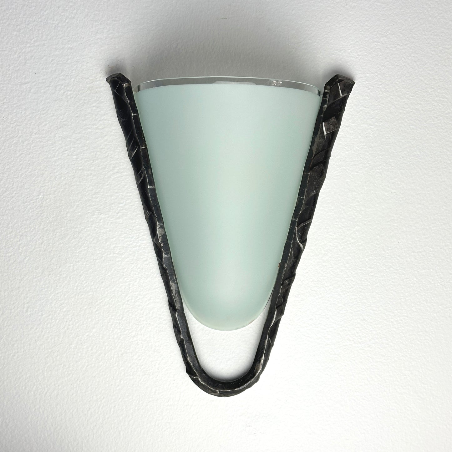 Postmodern Frosted Glass and Hammered Iron Wall Sconces