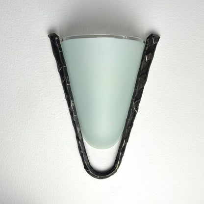 Postmodern Frosted Glass and Hammered Iron Wall Sconces