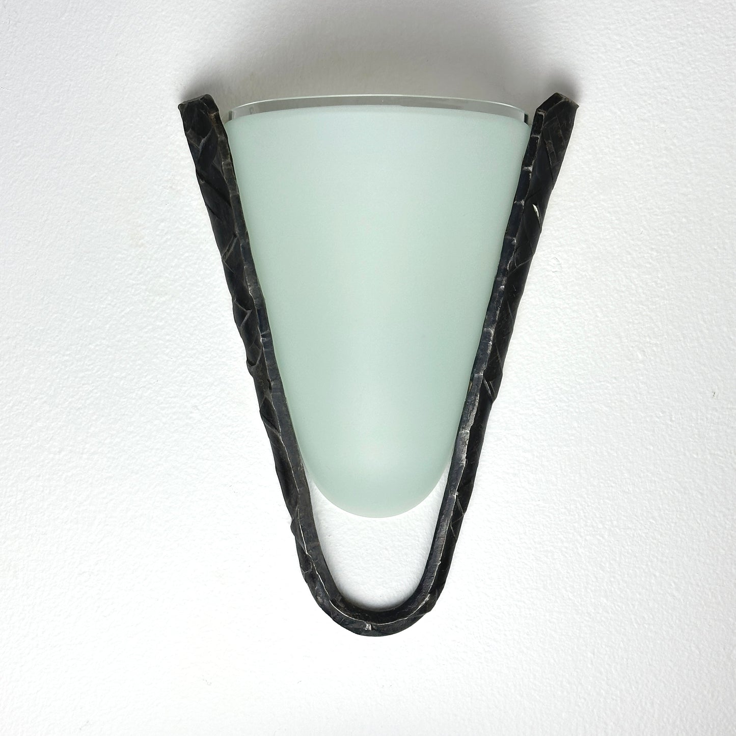 Postmodern Frosted Glass and Hammered Iron Wall Sconces