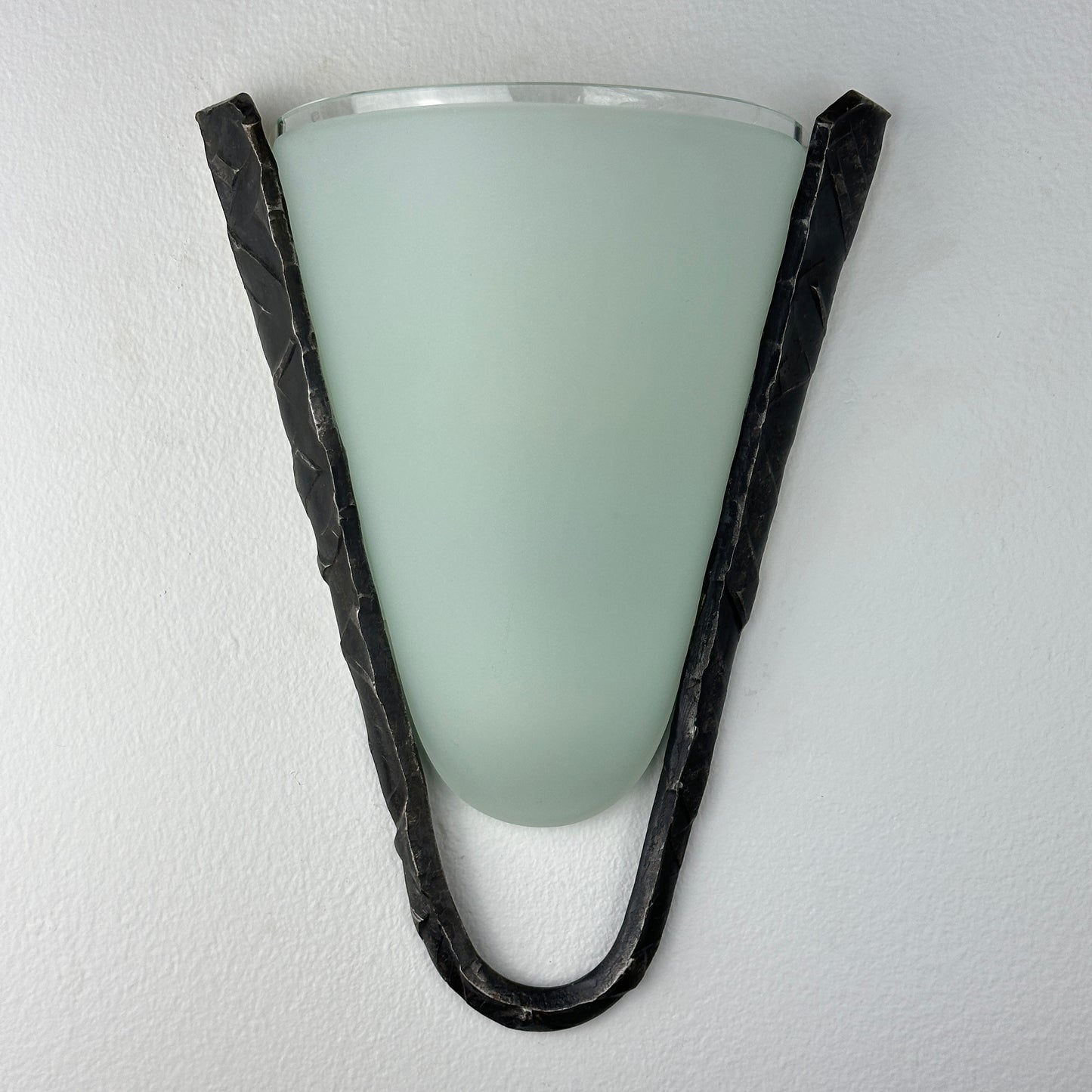 Postmodern Frosted Glass and Hammered Iron Wall Sconces