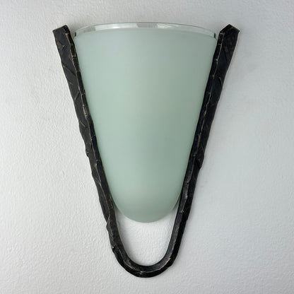 Postmodern Frosted Glass and Hammered Iron Wall Sconces