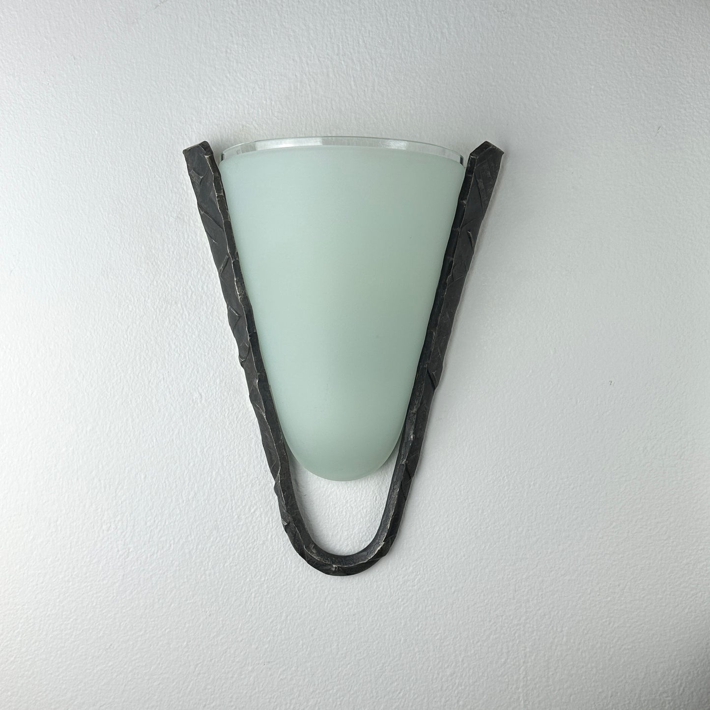Postmodern Frosted Glass and Hammered Iron Wall Sconces