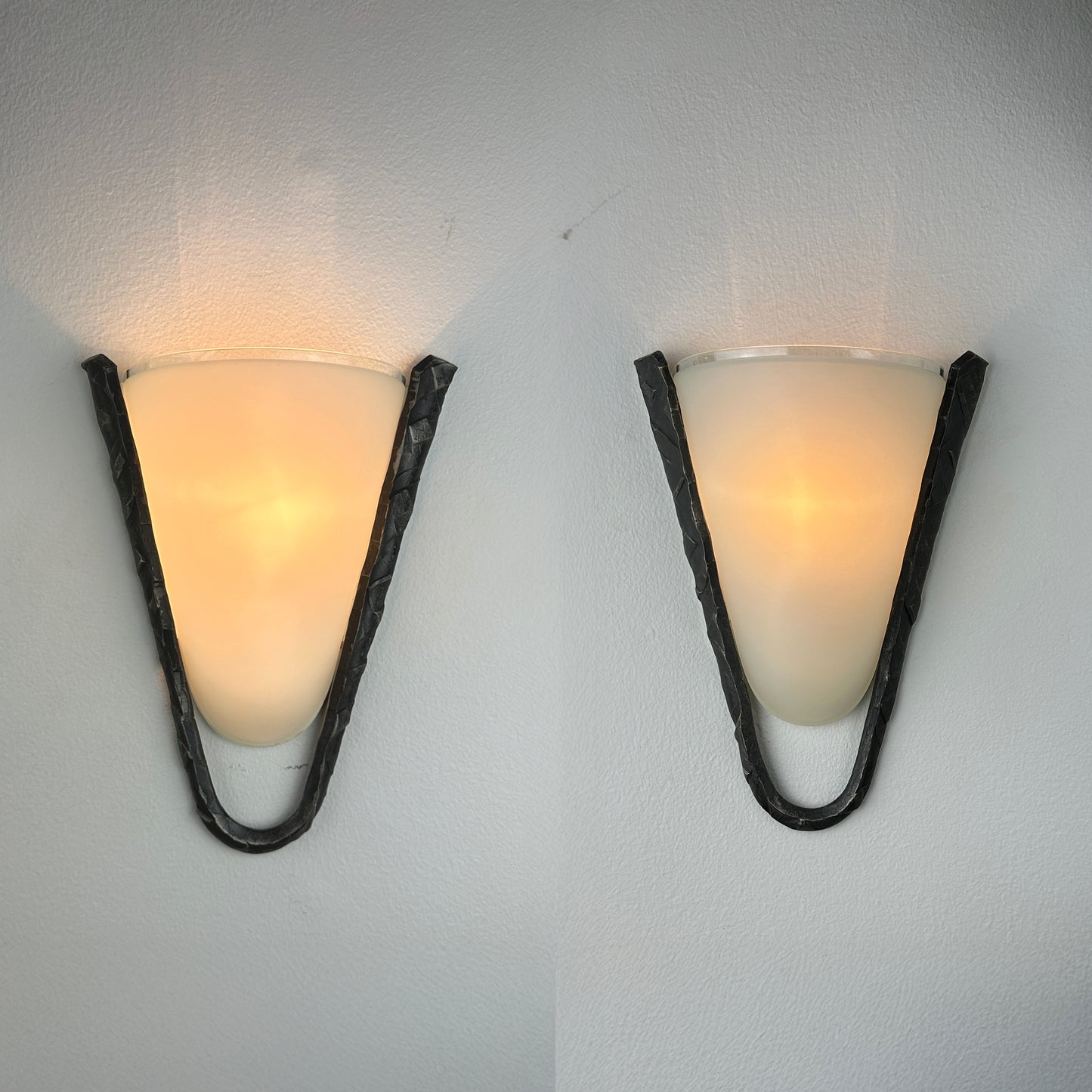 Postmodern Frosted Glass and Hammered Iron Wall Sconces