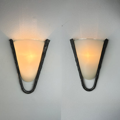 Postmodern Frosted Glass and Hammered Iron Wall Sconces