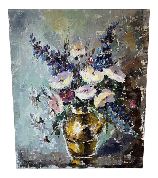 Signed Vintage Floral Arrangement in Brass Vase Abstract Painting