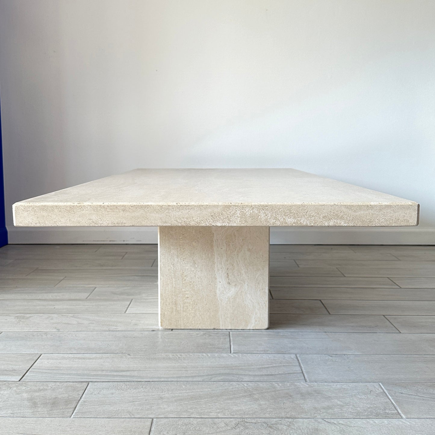 Italian Mid-Century Travertine Beveled Edge Pedestal Coffee Table