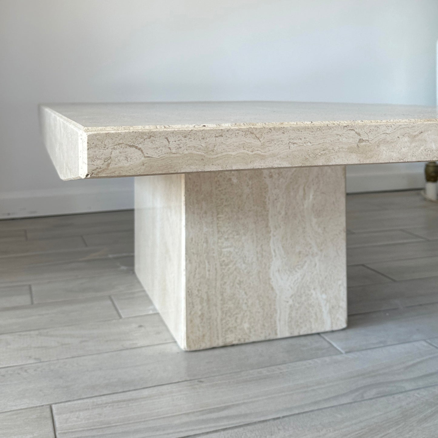 Italian Mid-Century Travertine Beveled Edge Pedestal Coffee Table