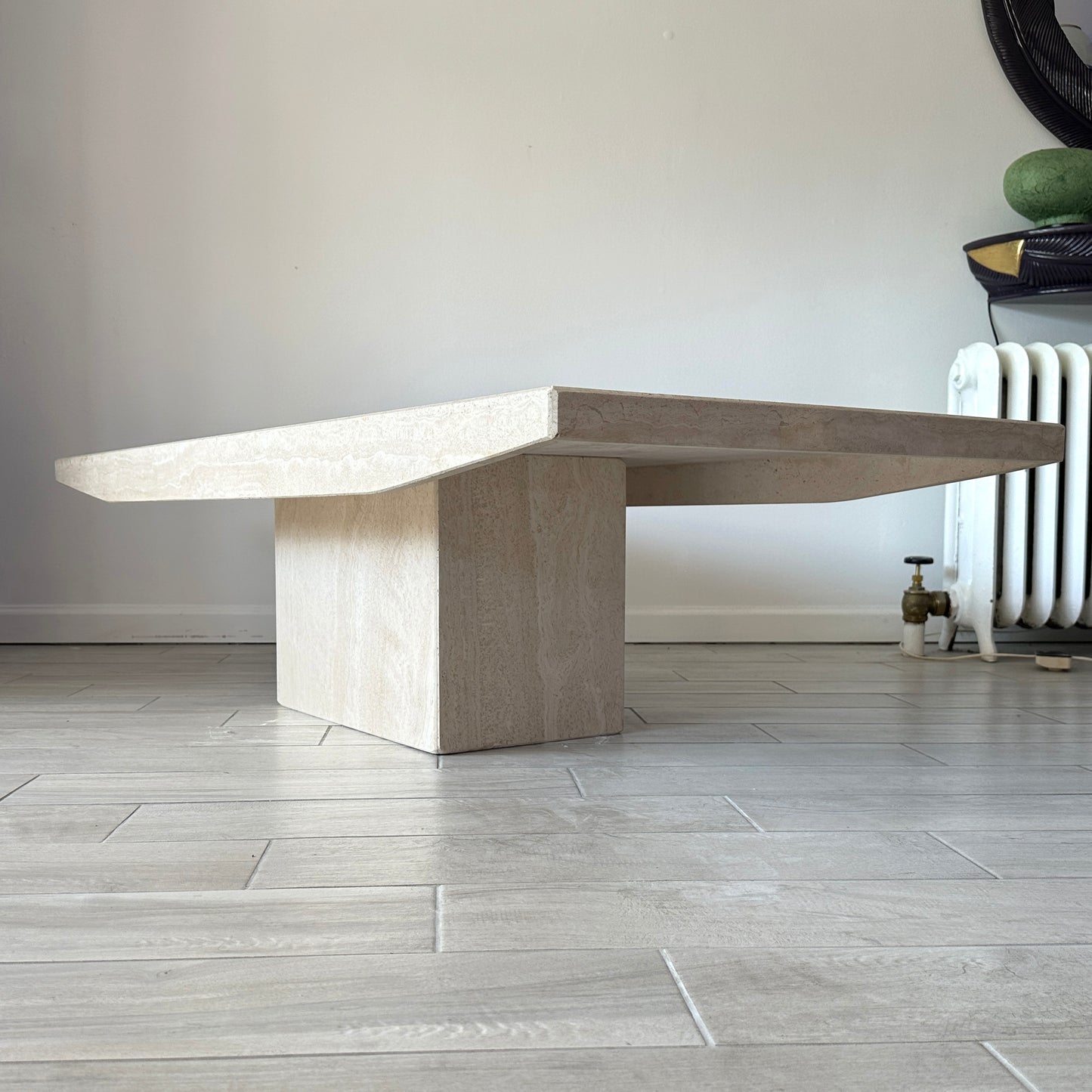 Italian Mid-Century Travertine Beveled Edge Pedestal Coffee Table