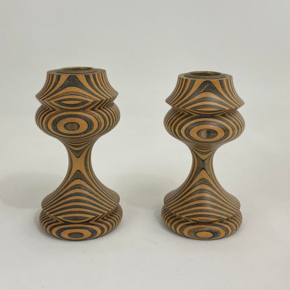 Tom Foster Op Art Turned Laminated Wood Candle Holders- a Pair