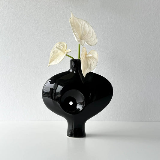 Vintage Toyo Black Ceramic Abstract Nude Ikebana Vase
