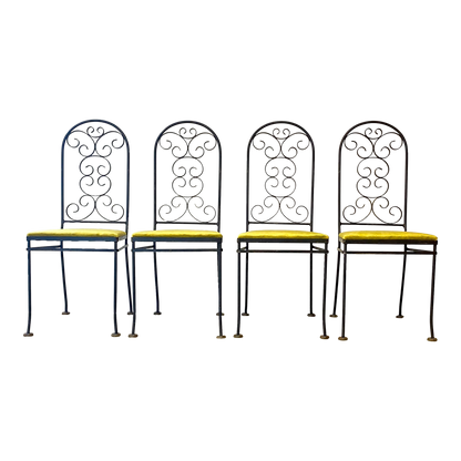 Arthur Umanoff Attributed Iron Chairs With Chartreuse Velvet Seats - Set of 4