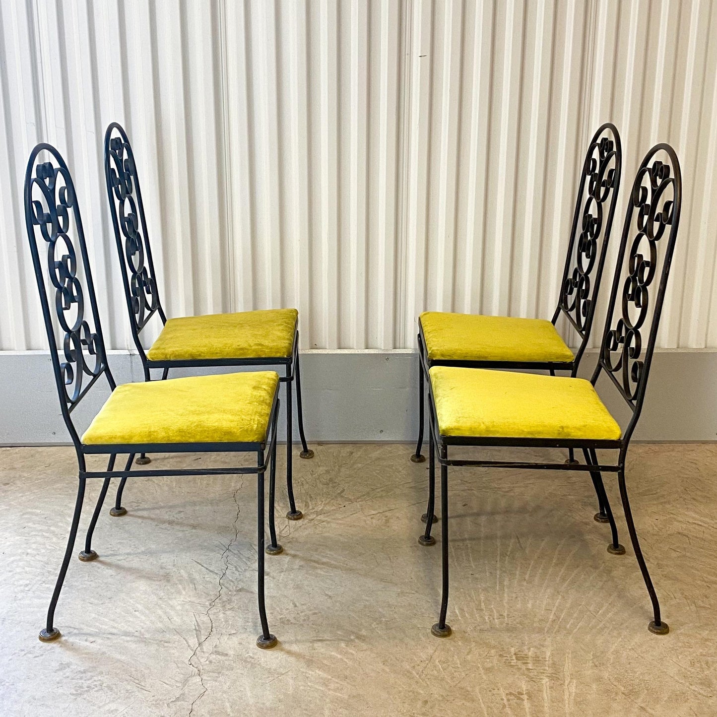 Arthur Umanoff Attributed Iron Chairs With Chartreuse Velvet Seats - Set of 4