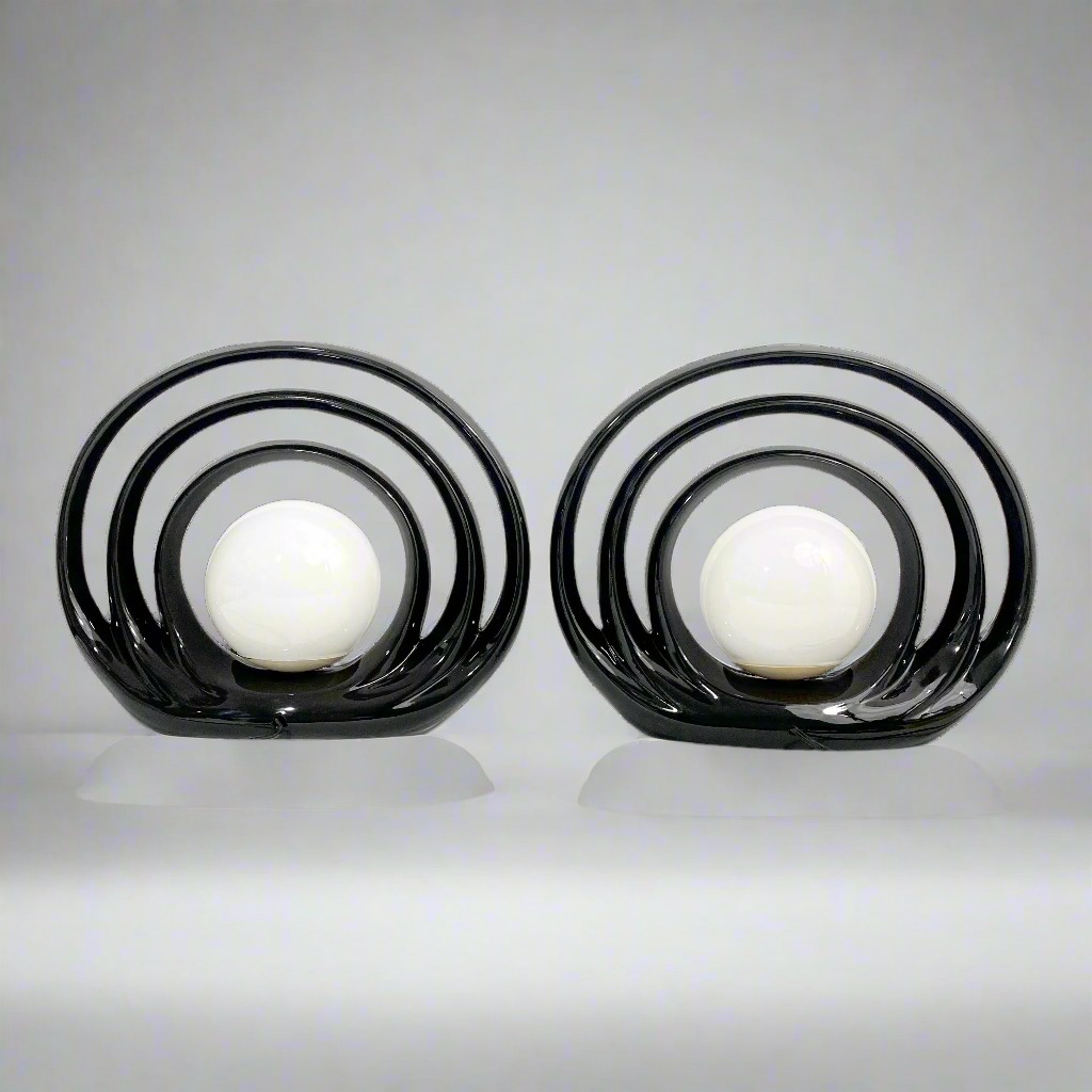 Op Art Ceramic Halo Ceramic and Glass Globe Lamp Pair